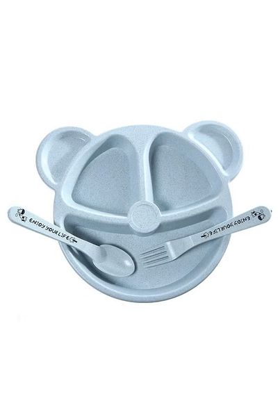 COOYA 3-Piece Wheat Straw Dinnerware Set, Bear Design Toddler Plate Boys and Girls Tableware(Blue)