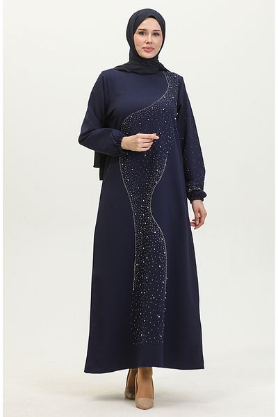 sefamerve Abendkleid mit Steindruck 0407-02 Marineblau