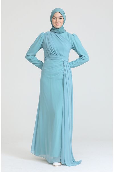 sefamerve Grünes plissiertes Abendkleid - 5736-15