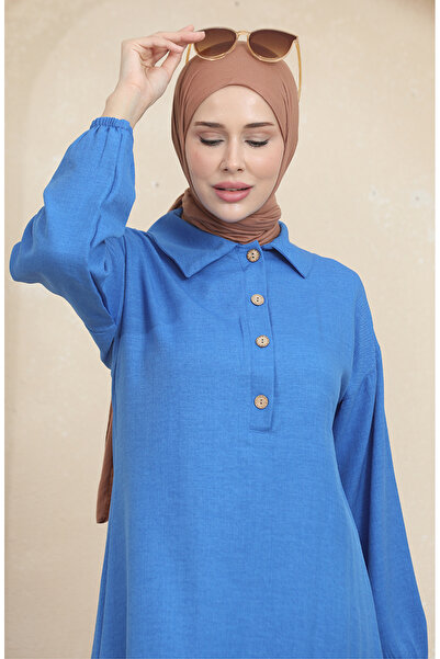 sefamerve Gömlek Yaka Tunik Pantolon İkili Takım 1003-01 Mavi