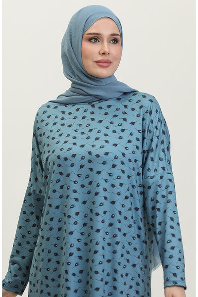 sefamerve Rahat Kesim Desenli Tunik 8711-01 Petrol Mavisi