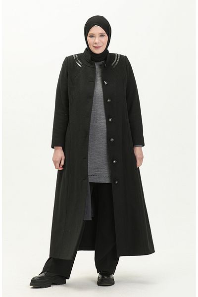 sefamerve Μαύρο Παλτό Κασμίρ - Plus Size, Oversize Buttoned 0417-01