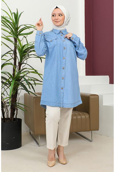 sefamerve Cămașă lungă din denim albastru gheață - cu nasturi, 30361-01