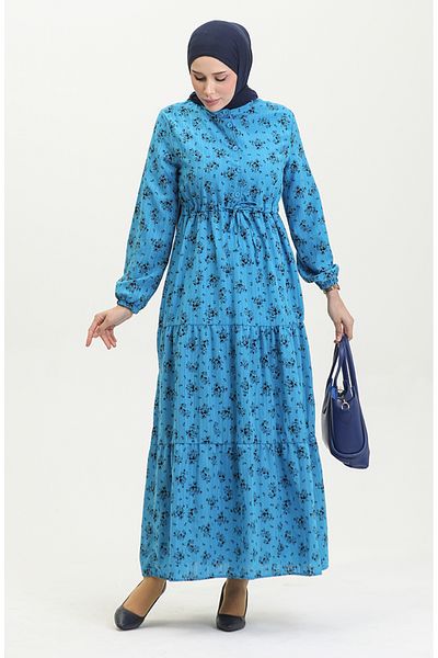 sefamerve Rochie albastră cu modele florale în talie adunată - 0398-06