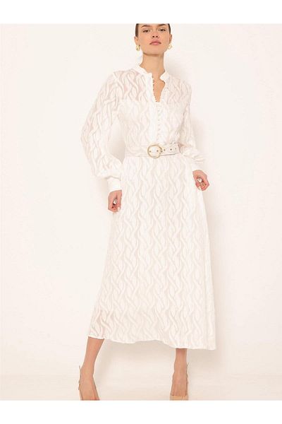 Coral Fabric Belted Patterned Ecru Dress