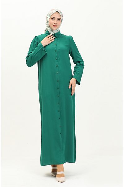 sefamerve Viskose-Kleid mit gerafften Ärmeln und Knöpfen 5109-05 Smaragdgrün
