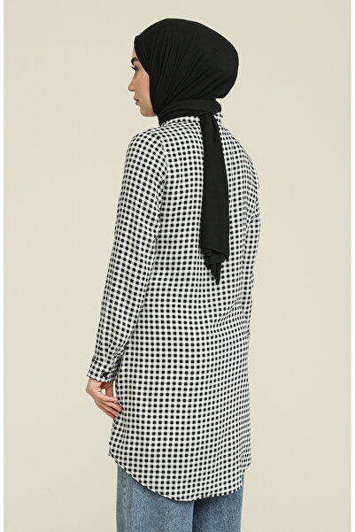 sefamerve Ekose Viskon Emprime Tunik 6561-01 Siyah Beyaz
