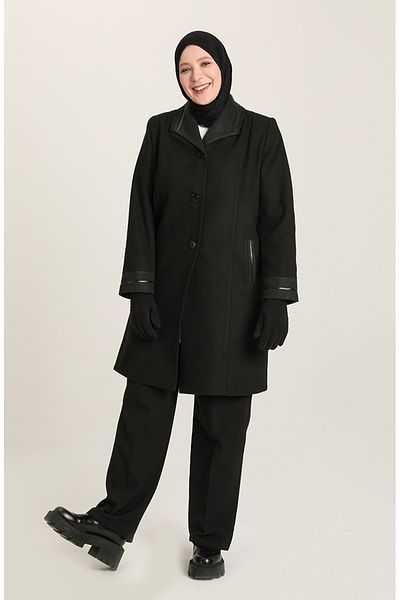 sefamerve Μαύρο Παλτό Cashmere Plus Size - Κουμπιά, 0328-02