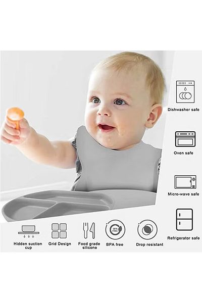 COOYA Silicone Baby Feeding Set, Toddler Divider Plate & Bowl, Suction with Adjustable Soft Bib Utensils