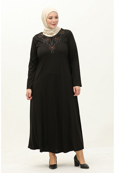 sefamerve Μαύρο Κεντημένο Φόρεμα Plus Size - 4952-01