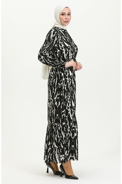 sefamerve Black Viscose Belted Patterned Dress - 0421-03