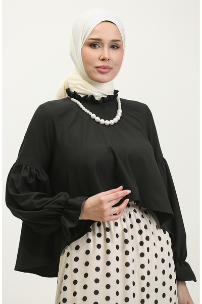 sefamerve Kolu Ve Yakası Fırfırlı Bluz 2038-01 Siyah