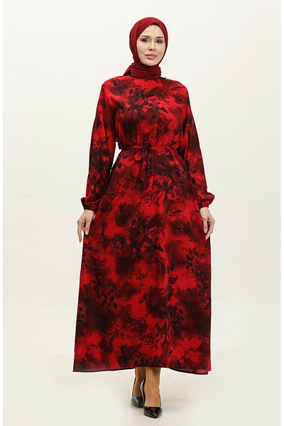 sefamerve Φόρεμα Ahsen Viscose - Floral Print, Κόκκινο και Μαύρο 0329-06
