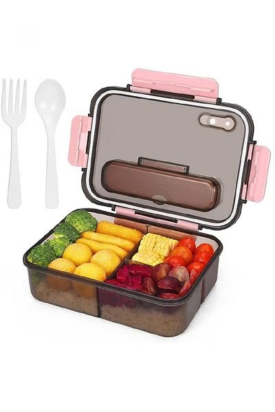 COOYA Bento Lunch Box, 3 Compartment Lunch Box, 1500ml Plastic Lunch Box with Spoon & Fork (Pink）