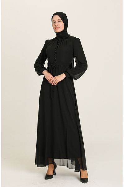 sefamerve Schwarzes Chiffon-Abendkleid – Knopfdetail, Modell 5695-01