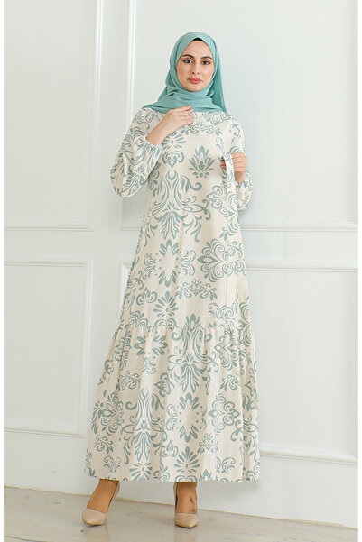 sefamerve Beige Linen Dress - Patterned and Belted, Green 0471B-02