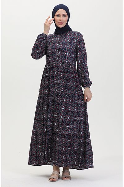 sefamerve Φόρεμα με μοτίβο βισκόζης Navy Blue Claret Red - με κουμπιά, 0441-02