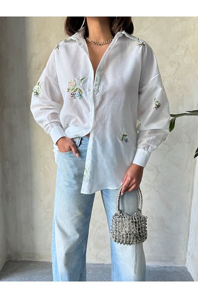Miss Allos Γυναικείο μακρυμάνικο πουκάμισο με λεπτομέρεια λουλουδιών