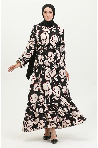 sefamerve Φόρεμα Viscose Black Claret Red Floral Print - 5007-03