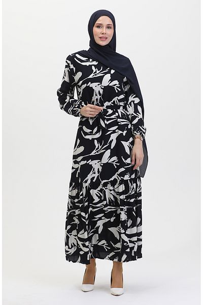 sefamerve Navy Blue Patterned Belted Dress - 0444-02