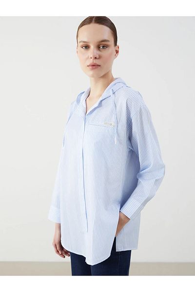 LC Waikiki LCW Modest Blue Hooded Stripes Oversize Cămașă Tunica pentru femei