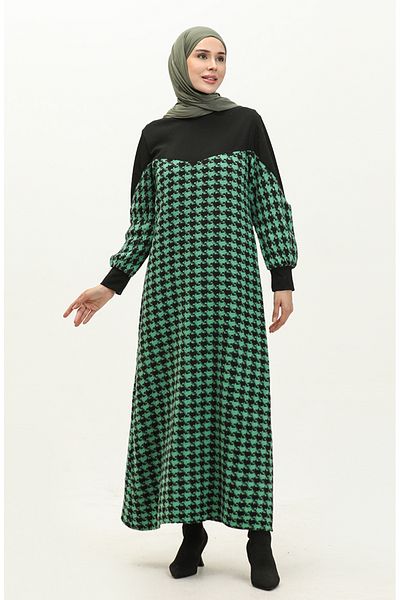 sefamerve Μαύρο Πράσινο Φόρεμα Houndstooth Print - 0183-05