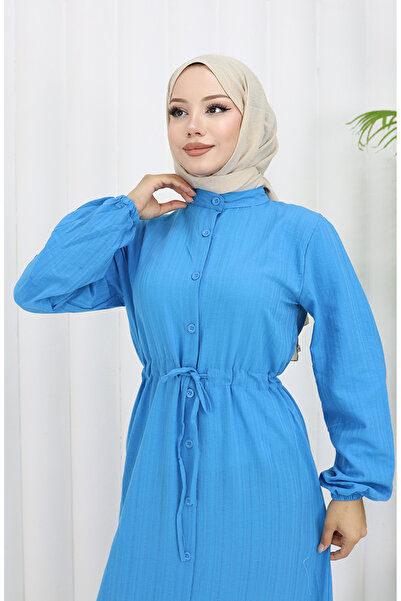 sefamerve Boydan Düğmeli Etek Ucu Büzgülü Elbise 0351-02 Mavi