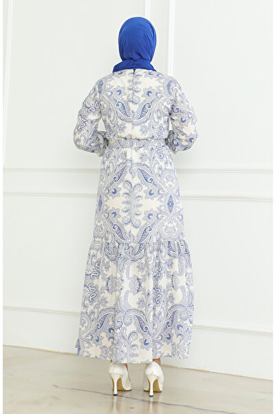 sefamerve Desenli Kuşaklı Keten Elbise 0471C-01 Saks