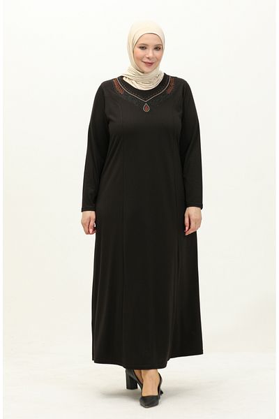 sefamerve Μαύρο Κεντημένο Φόρεμα Plus Size - 4950-01