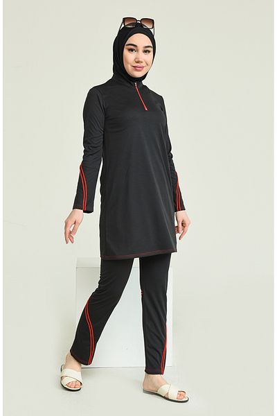 sefamerve Schwarzer Hijab-Badeanzug – Reißverschluss, Modell 2212-02