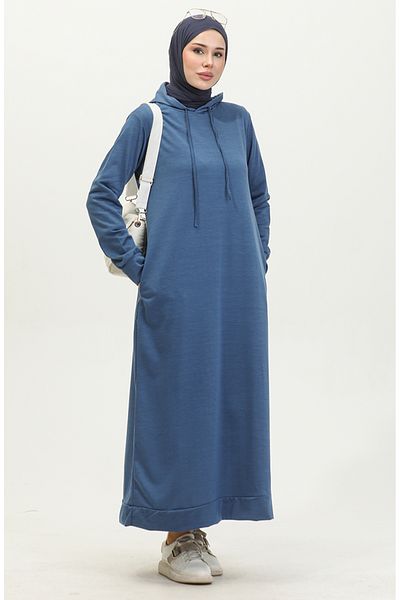 sefamerve Indigofarbenes Sportkleid mit Kapuze – 0190-21 Zwei Fäden