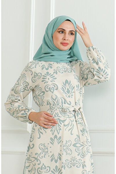 sefamerve Beige Linen Dress - Patterned and Belted, Green 0471B-02