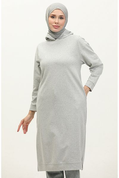 sefamerve Light Gray Hooded Sports Tunic 3007-32