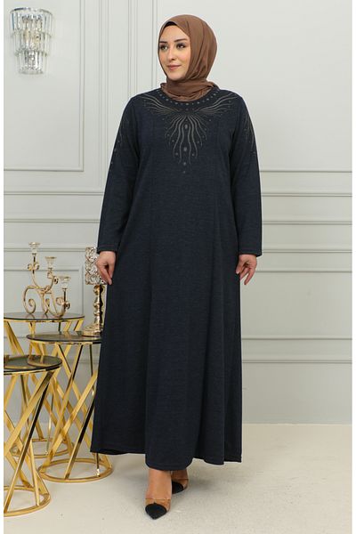 sefamerve Φόρεμα με κέντημα Navy Blue Viscose Plus Size - 4956-02