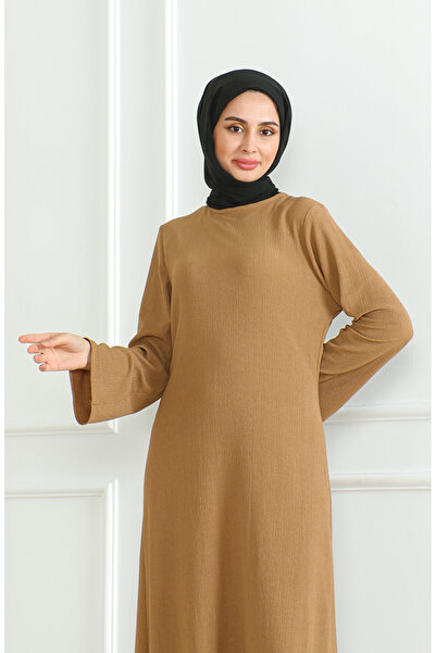 sefamerve Milk Coffee Plain Sports Dress - Bürümcük Fabric 1003-02