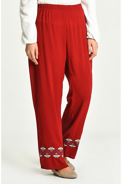 sefamerve Viscose Embroidered Trousers 8080-02 Claret Red
