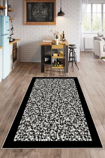 Hülya Home Geometrik Desenli Dijital Baskı Yıkanabilir Kaymaz Taban Ince Salo...