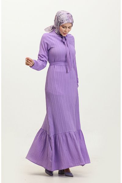sefamerve Lilac Sare Dress with Tie Collar and Gathered Skirt - 0357-04