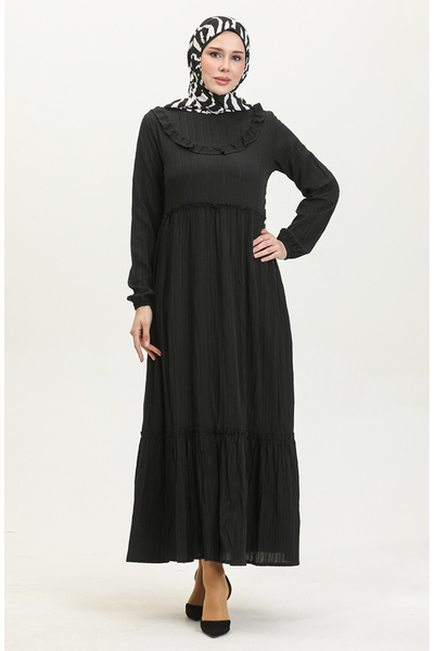 sefamerve Volanlı Düz Elbise 0405-02 Siyah