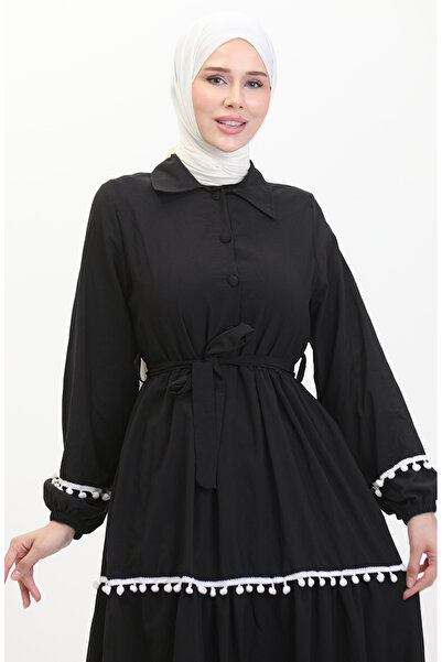 sefamerve Pon Pon Kuşaklı Elbise 0482-03 Siyah