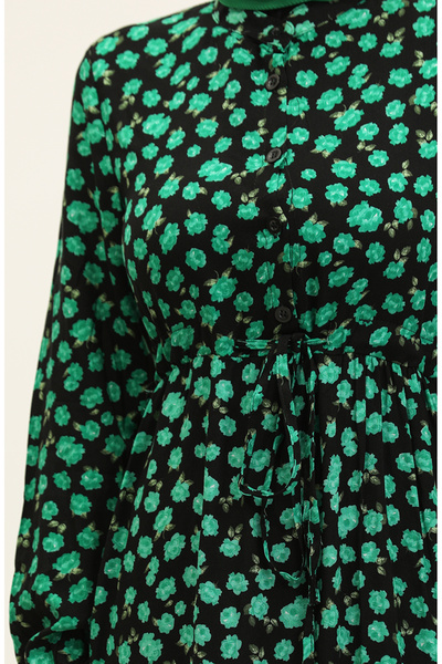 sefamerve Çiçek Desenli Düğmeli Viskon Elbise 0333-04 Siyah Yeşil