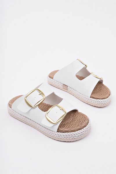 bakacstore Women's White Daily Double Buckle Comfortable Sole Straw Sandals Slippers