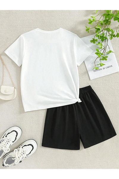 vinraus Girl\Boy White-Black Capybara Apple Printed Combed Cotton Shorts-Tshirt Set