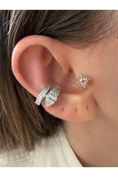 Pinery Jewels VIP SERİ - Sıralı Zirkon Taşlı Yılan Kıkırdak Küpe