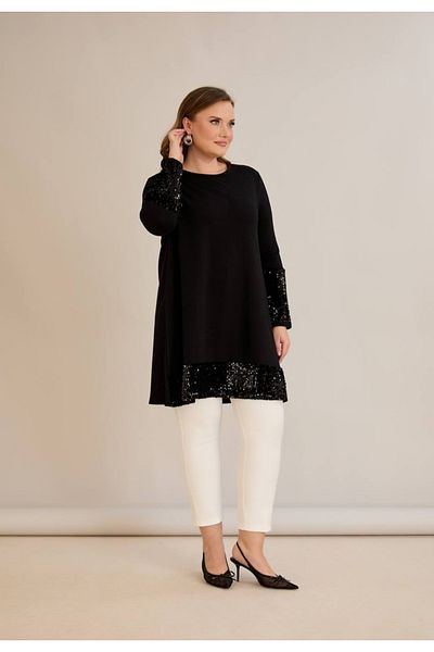 Serra Women's Large Size Sleeve and Single Sequin Detailed Relaxed Cut Tunic