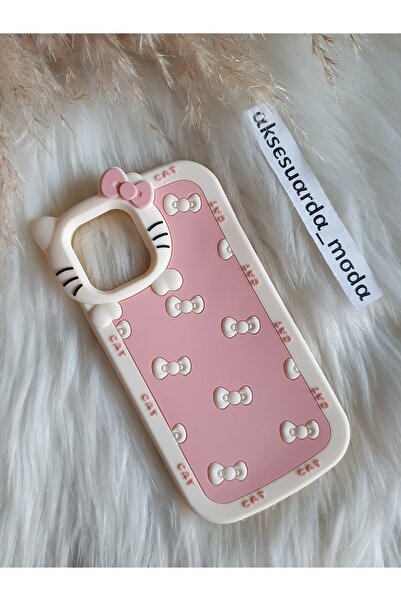 Aksesuarda Moda iPhone 13 PRO Uyumlu PAPYONLU HAMUR SİLİKON KEDİ KILIF