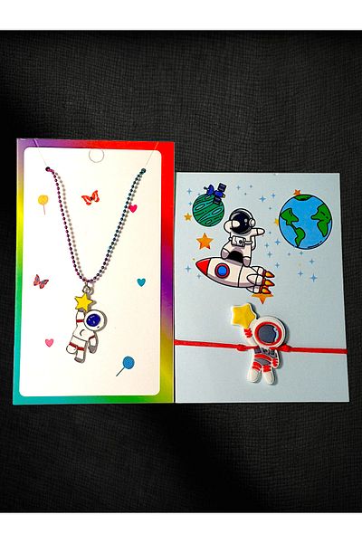 anonim Astronaut Themed Colorful Astronaut Necklace and Bracelet Set |   Special Card