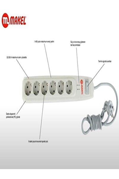 MAKEL Surge 6li 2mt Şok Akim Korumali Toprakli Grup Pri̇z