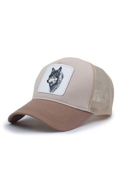 Trucker Wolf 2 Model Interchangeable Emblem Mesh Hat Brown Cream