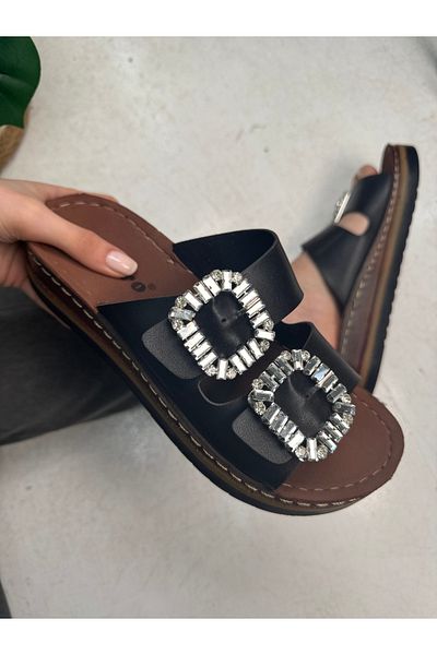 İmerShoes Talpă din plută de piatră neagră - Papuci de damă cu cataramă dublă reglabilă 123